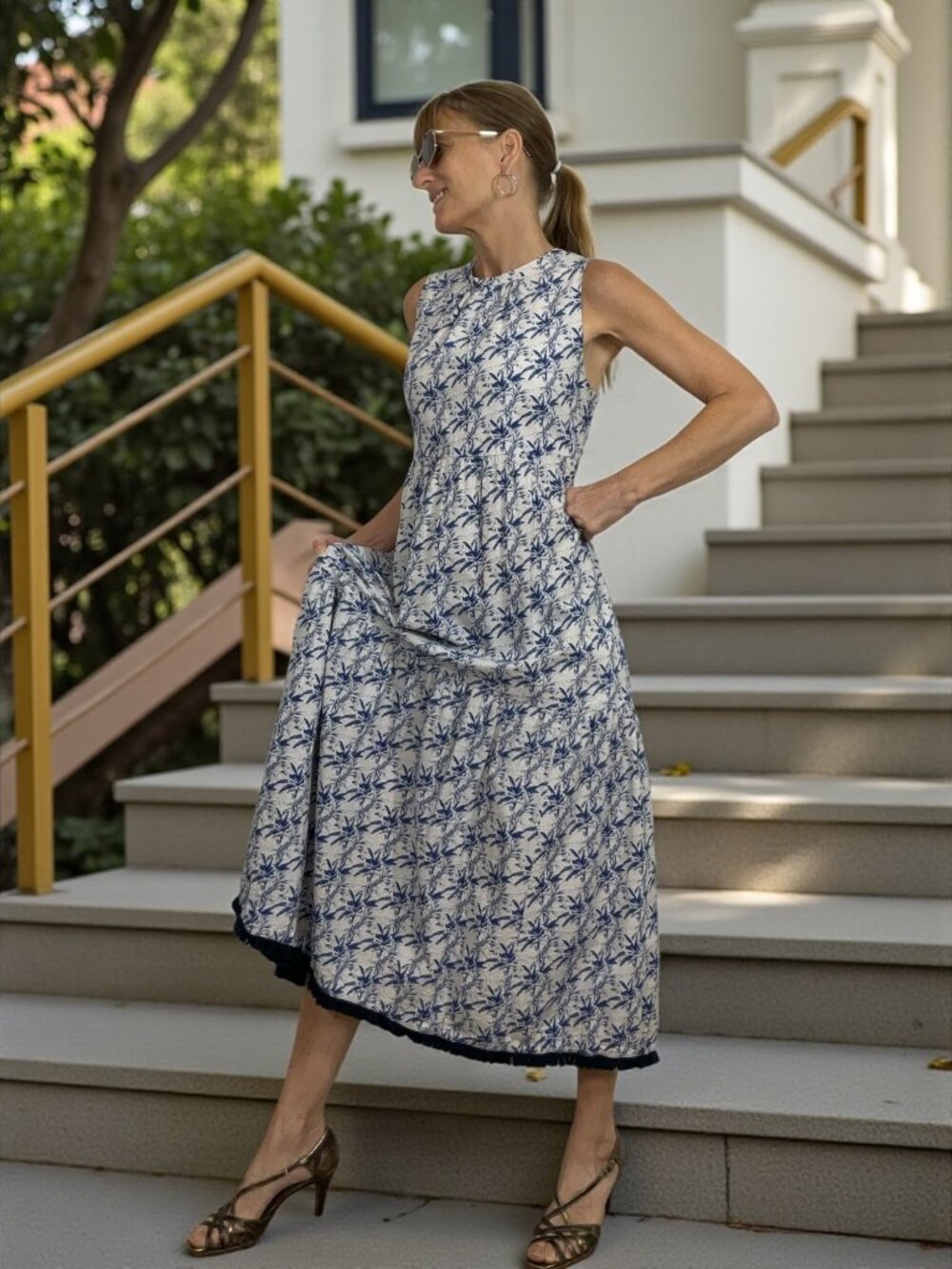 Sara Campbell Tropical Midi Dress L Blue White Sleeveless Tiered Fringe Cotton